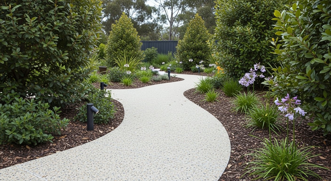 Resin pebble pathway among landscaped plants